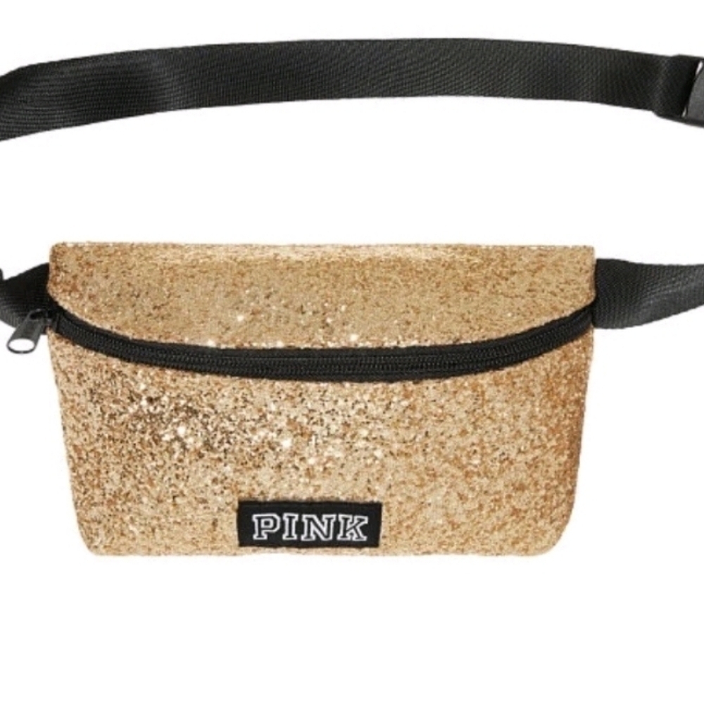 Victoria’s Secret Pink Fanny Pack Belt Bag Waist Purse Gold Glitter & Black Logo